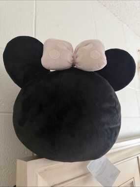 Pottery Barn Kids Black Plush Head Pillow with Light Pink Polka Dot Bow